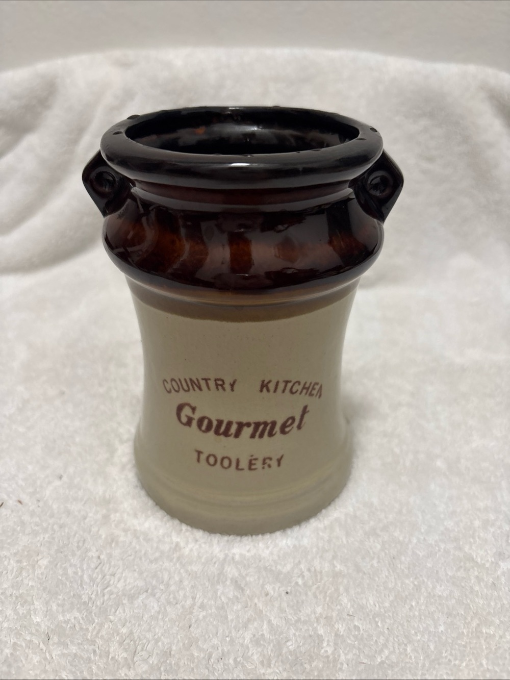 Vintage Ceramic Crock Utensil Holder - Brown & Cream